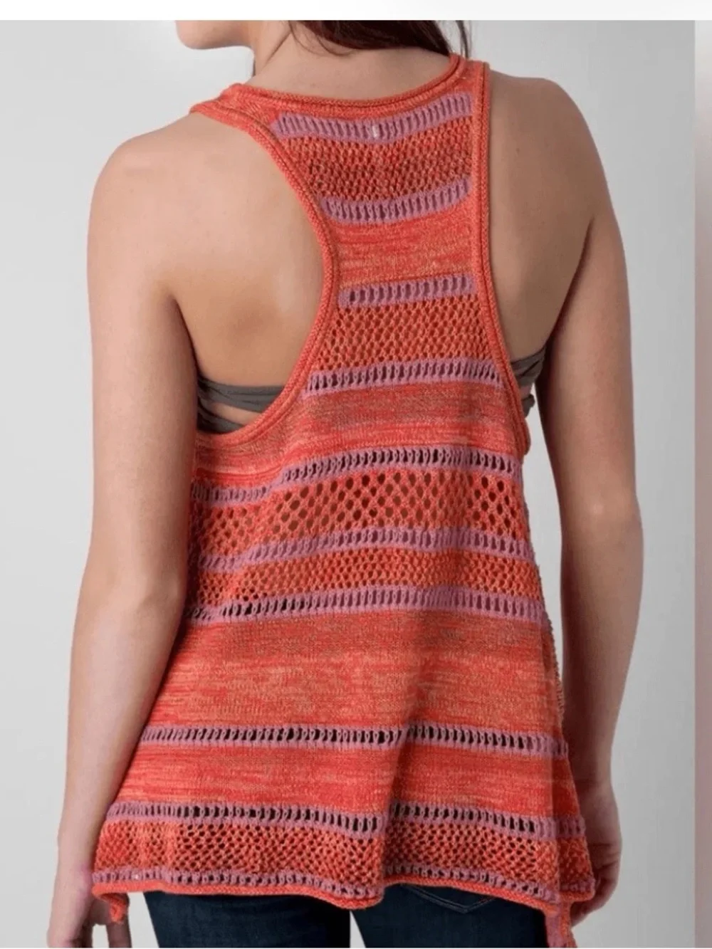 Free People Orange Open-Knit Striped Tank Top Live Bird Size Small